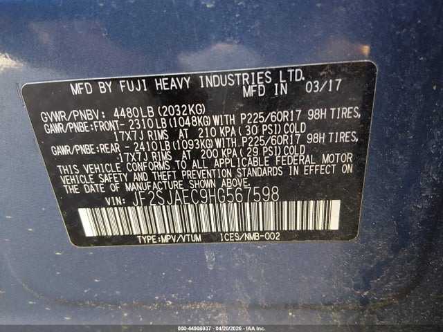 2017 Subaru Forester 2.5i Premium მანქანა იყიდება აუქციონზე, vin: JF2SJAEC9HG567598, აუქციონის ნომერი: 44906937