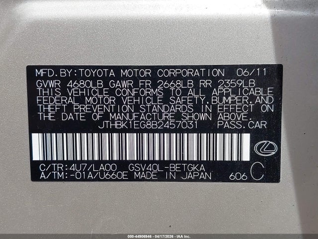 44906946 :رقم المزاد ، JTHBK1EG8B2457031 vin ، 2011 Lexus Es 350 مزاد بيع