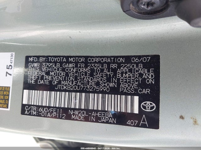 2007 TOYOTA PRIUS JTDKB20U773275990 Photo 8