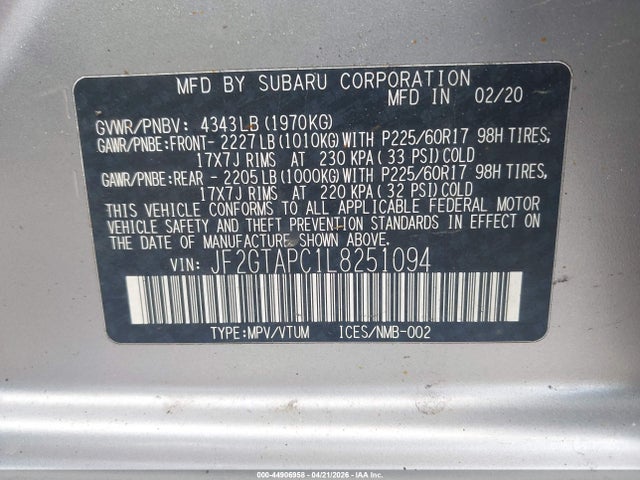 44906958 :رقم المزاد ، JF2GTAPC1L8251094 vin ، 2020 Subaru Crosstrek Premium مزاد بيع