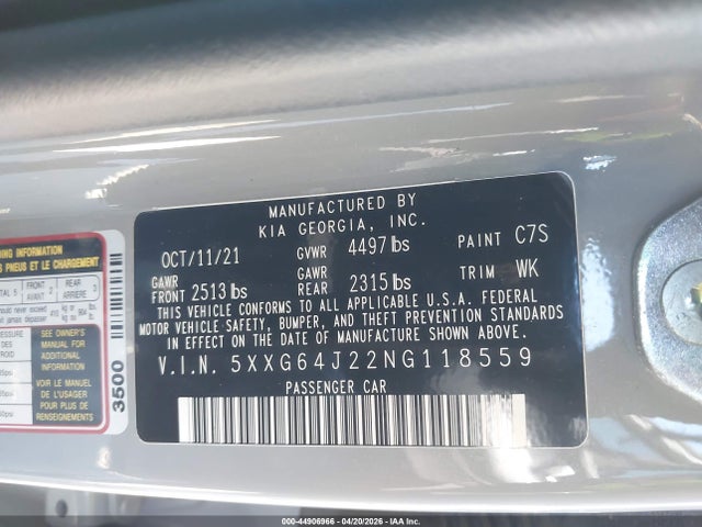 2022 Kia K5 Gt-line მანქანა იყიდება აუქციონზე, vin: 5XXG64J22NG118559, აუქციონის ნომერი: 44906966