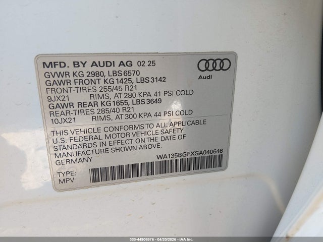 WA135BGFXSA040646 Audi Sq6 E-tron Prestige Quattro