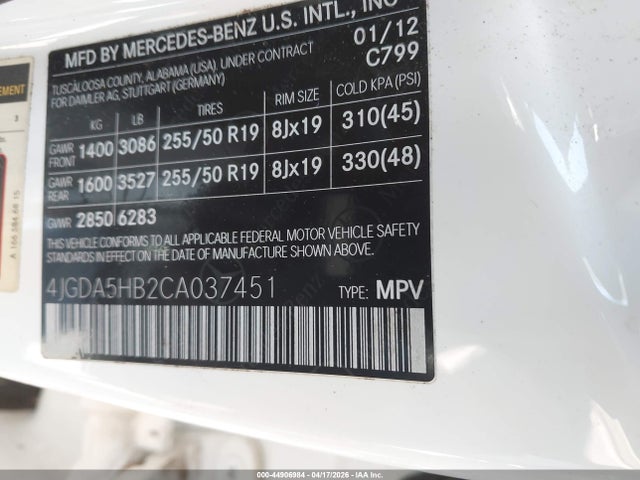 44906984 :رقم المزاد ، 4JGDA5HB2CA037451 vin ، 2012 Mercedes-benz Ml 350 4matic مزاد بيع
