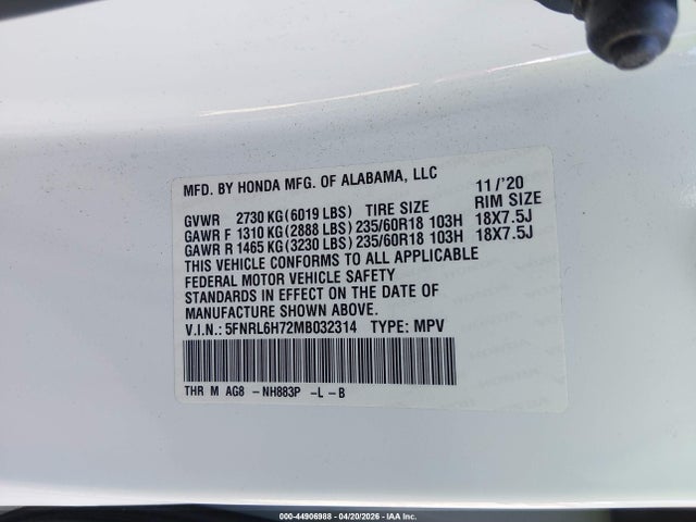 2021 Honda Odyssey Ex-l მანქანა იყიდება აუქციონზე, vin: 5FNRL6H72MB032314, აუქციონის ნომერი: 44906988
