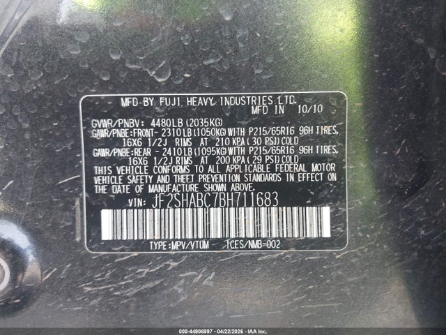 44906997 :رقم المزاد ، JF2SHABC7BH711683 vin ، 2011 Subaru Forester 2.5x مزاد بيع