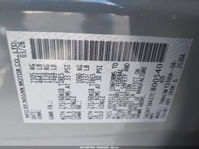 2026 Nissan Rogue Sv მანქანა იყიდება აუქციონზე, vin: 5N1BT3BA1TC800540, აუქციონის ნომერი: 44907000