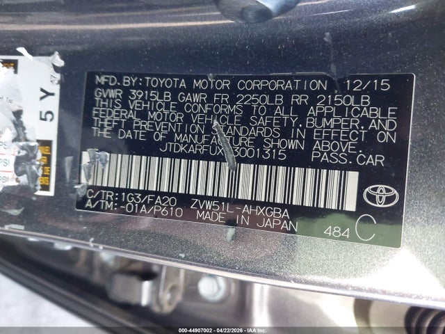JTDKARFUXG3001315 Toyota Prius Three