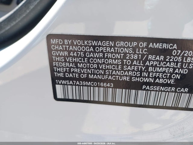 Aukcja sprzedaży 2021 Volkswagen Passat 2.0t Se, vin: 1VWSA7A39MC016643, numer aukcji: 44907008