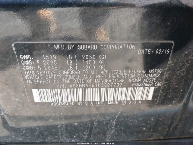 Продаж на аукціоні авто 2019 Subaru Legacy 2.5i Premium, vin: 4S3BNAF61K3027737, номер лоту: 44907010