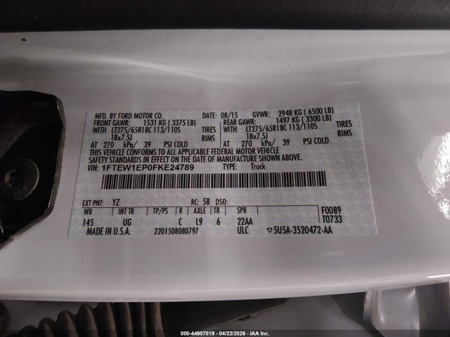 44907019 :رقم المزاد ، 1FTEW1EP0FKE24789 vin ، 2015 Ford F-150 Xlt مزاد بيع