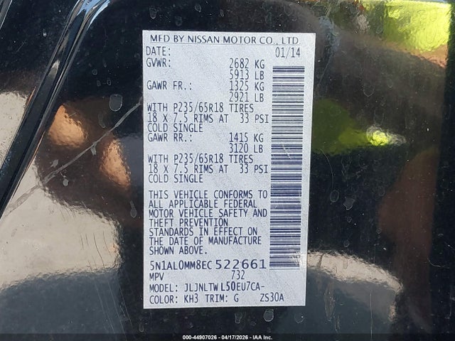 Aukcja sprzedaży 2014 Infiniti Qx60, vin: 5N1AL0MM8EC522661, numer aukcji: 44907026