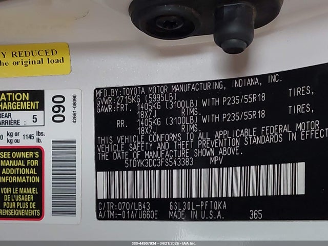 44907034 :رقم المزاد ، 5TDYK3DC3FS543383 vin ، 2015 Toyota Sienna Limited Premium 7 Passenger مزاد بيع
