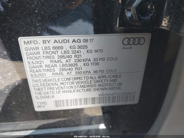 Продажа на аукционе авто 2018 Audi Q7 3.0t Premium, vin: WA1VAAF73JD008241, номер лота: 44907041