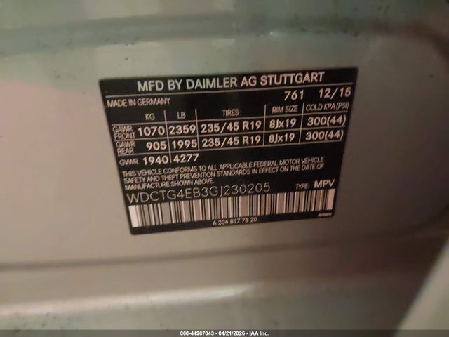 44907043 :رقم المزاد ، WDCTG4EB3GJ230205 vin ، 2016 Mercedes-benz Gla 250 مزاد بيع
