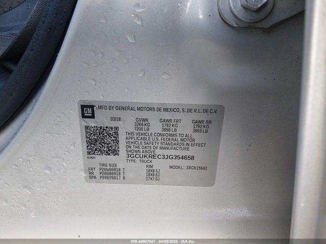 Продажа на аукционе авто 2018 Chevrolet Silverado 1500 2lt, vin: 3GCUKREC3JG354658, номер лота: 44907047