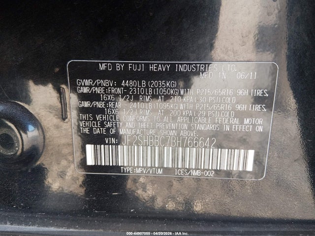 44907055 :رقم المزاد ، JF2SHBBC7BH766642 vin ، 2011 Subaru Forester 2.5x مزاد بيع