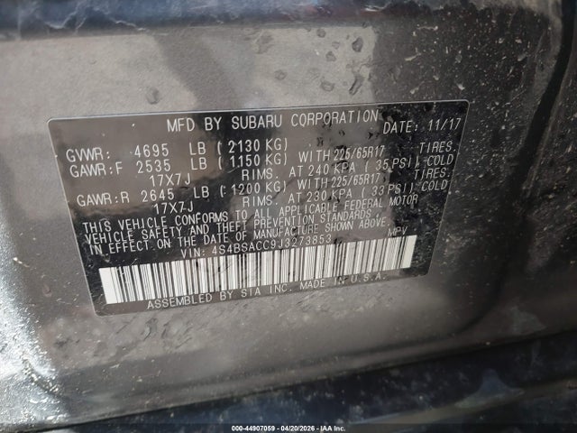 2018 Subaru Outback 2.5i Premium მანქანა იყიდება აუქციონზე, vin: 4S4BSACC9J3273853, აუქციონის ნომერი: 44907059