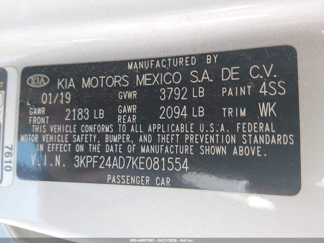 Продажа на аукционе авто 2019 Kia Forte Lxs, vin: 3KPF24AD7KE081554, номер лота: 44907063