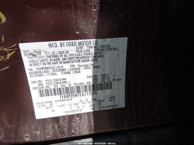 44907069 :رقم المزاد ، 1FAHP2EW7CG113534 vin ، 2012 Ford Taurus Sel مزاد بيع