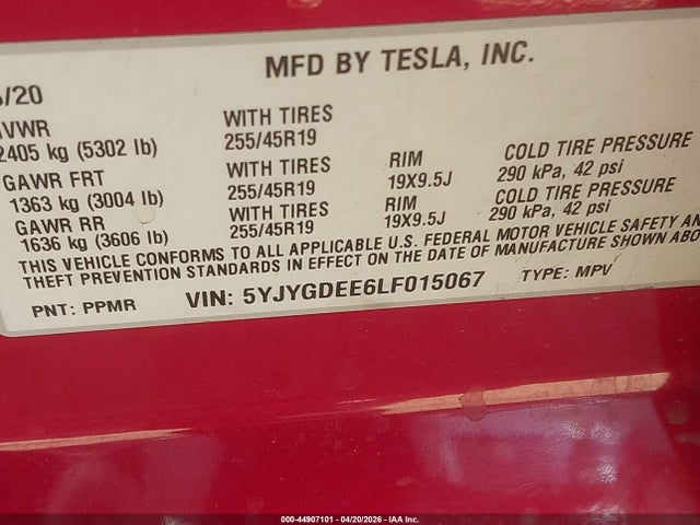 5YJYGDEE6LF015067 Tesla Model Y Long Range Dual Motor All-wheel Drive
