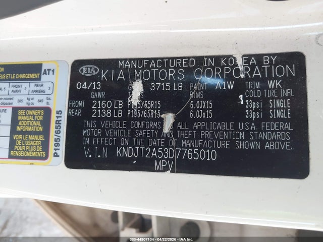 44907104 :رقم المزاد ، KNDJT2A53D7765010 vin ، 2013 Kia Soul مزاد بيع