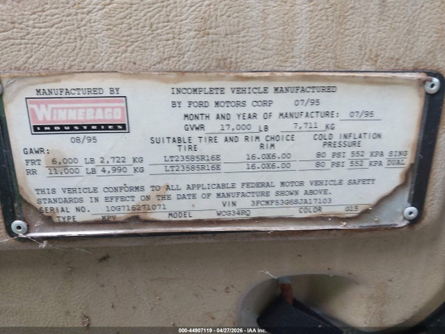 44907119 :رقم المزاد ، 3FCMF53G6SJA17103 vin ، 1995 Ford F530 Super Duty مزاد بيع