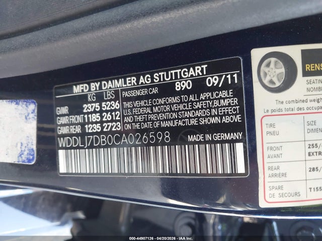 44907126 :رقم المزاد ، WDDLJ7DB0CA026598 vin ، 2012 Mercedes-benz Cls 550 مزاد بيع