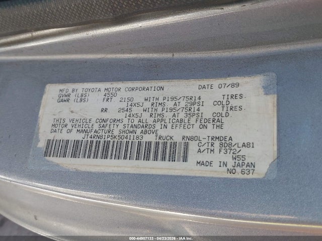 1989 Toyota Pickup 1/2 Ton Sht Wheelbase Dlx მანქანა იყიდება აუქციონზე, vin: JT4RN81P5K5041183, აუქციონის ნომერი: 44907133