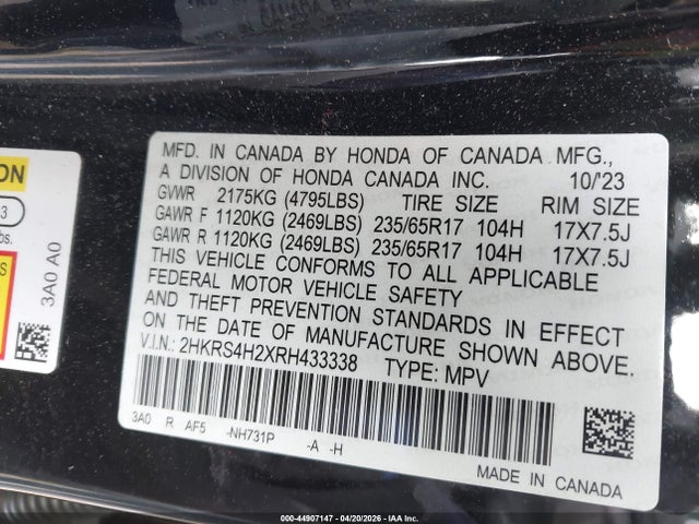 44907147 :رقم المزاد ، 2HKRS4H2XRH433338 vin ، 2024 Honda Cr-v Lx Awd مزاد بيع