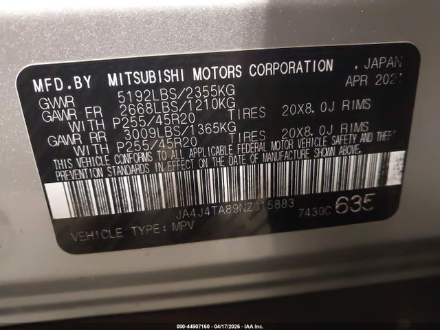 2022 Mitsubishi Outlander Es 2.5 S-awc მანქანა იყიდება აუქციონზე, vin: JA4J4TA89NZ015883, აუქციონის ნომერი: 44907160