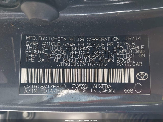 Aukcja sprzedaży 2015 Toyota Prius Two, vin: JTDKN3DU7F1877662, numer aukcji: 44907181