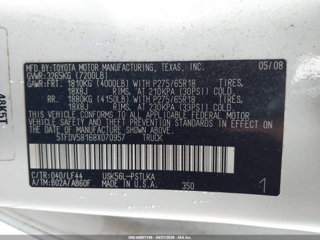 2008 Toyota Tundra Limited 5.7l V8 მანქანა იყიდება აუქციონზე, vin: 5TFDV58168X070957, აუქციონის ნომერი: 44907186