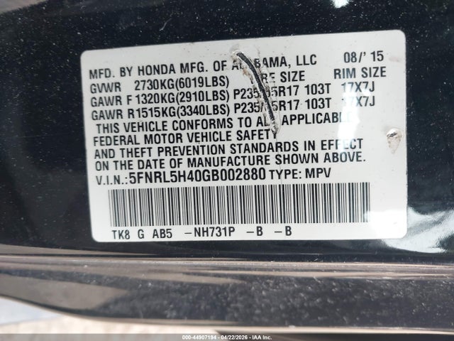 5FNRL5H40GB002880 Honda ODYSSEY EX