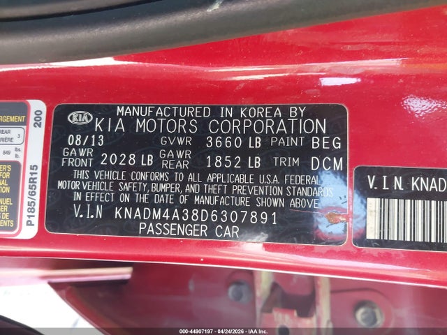 2013 Kia Rio Lx მანქანა იყიდება აუქციონზე, vin: KNADM4A38D6307891, აუქციონის ნომერი: 44907197