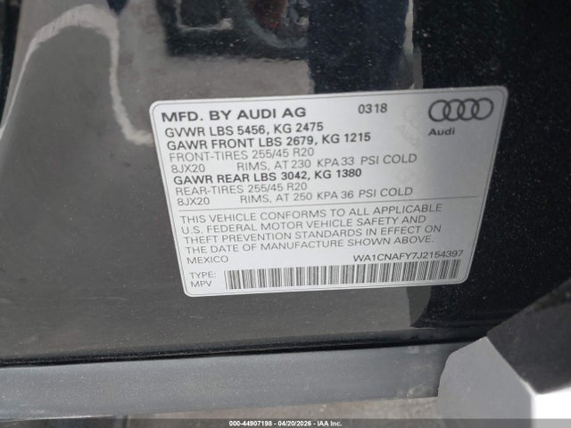 Aukcja sprzedaży 2018 Audi Q5 2.0t Premium/2.0t Tech Premium, vin: WA1CNAFY7J2154397, numer aukcji: 44907198