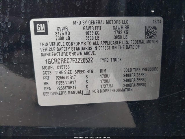 Продажа на аукционе авто 2015 Chevrolet Silverado 1500 1lt, vin: 1GCRCREC7FZ220522, номер лота: 44907204