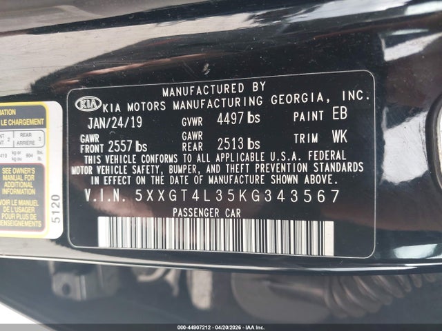 2019 Kia Optima Lx მანქანა იყიდება აუქციონზე, vin: 5XXGT4L35KG343567, აუქციონის ნომერი: 44907212