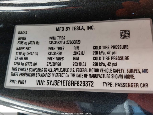 Aukcja sprzedaży 2024 Tesla Model 3 Performance All-wheel Drive, vin: 5YJ3E1ET8RF829372, numer aukcji: 44907216