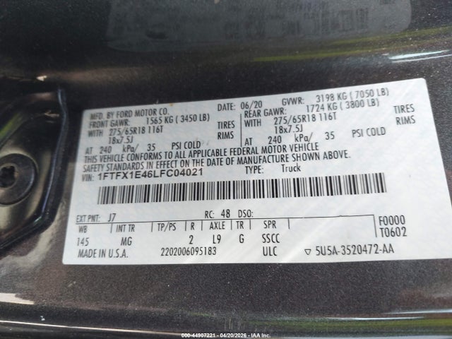 44907221 :رقم المزاد ، 1FTFX1E46LFC04021 vin ، 2020 Ford F-150 Xlt مزاد بيع