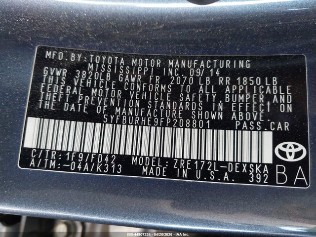 5YFBURHE9FP208801 Toyota Corolla S Plus