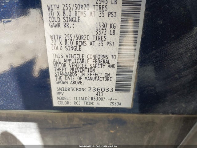 Aukcja sprzedaży 2022 Nissan Pathfinder Sl 2wd, vin: 5N1DR3CBXNC236033, numer aukcji: 44907230