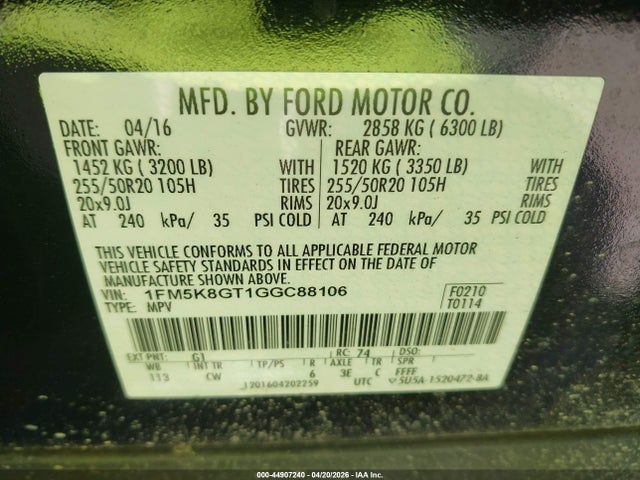 44907240 :رقم المزاد ، 1FM5K8GT1GGC88106 vin ، 2016 Ford Explorer Sport مزاد بيع