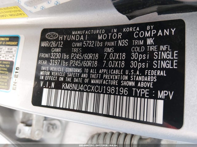 Продаж на аукціоні авто 2012 Hyundai Veracruz Limited, vin: KM8NU4CCXCU198196, номер лоту: 44907251