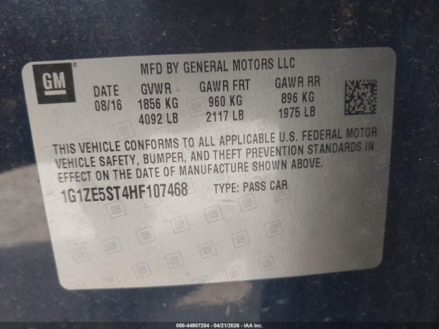 2017 Chevrolet Malibu 1lt მანქანა იყიდება აუქციონზე, vin: 1G1ZE5ST4HF107468, აუქციონის ნომერი: 44907254