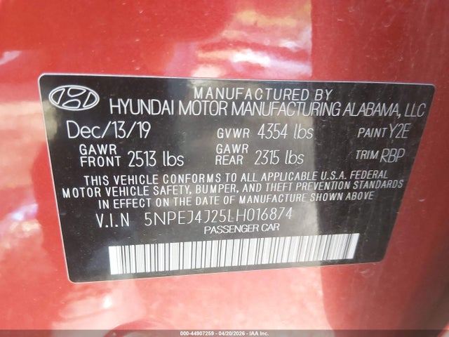 Auction sale of the 2020 Hyundai Sonata Sel Plus, vin: 5NPEJ4J25LH016874, lot number: 44907259