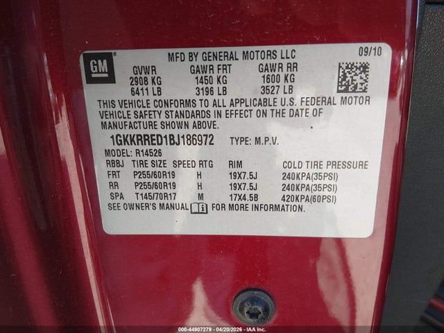 Продаж на аукціоні авто 2011 Gmc Acadia Slt-1, vin: 1GKKRRED1BJ186972, номер лоту: 44907279