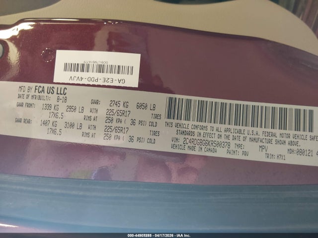 Продажа на аукционе авто 2019 Dodge Grand Caravan Se, vin: 2C4RDGBG6KR500378, номер лота: 44907285