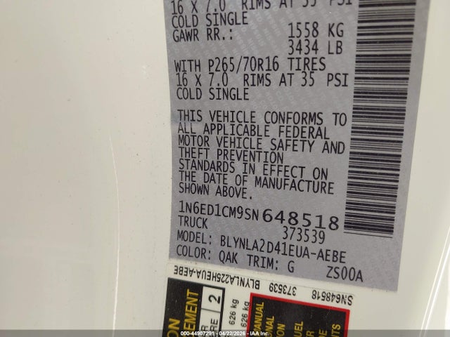 44907291 :رقم المزاد ، 1N6ED1CM9SN648518 vin ، 2025 Nissan Frontier King Cab S 4x4 مزاد بيع