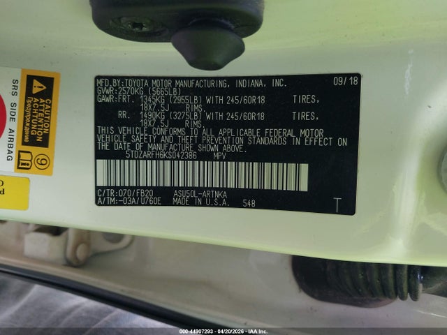 Aukcja sprzedaży 2019 Toyota Highlander Le, vin: 5TDZARFH6KS042386, numer aukcji: 44907293