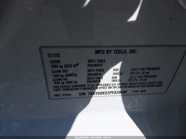 2023 Tesla Model Y Awd/long Range Dual Motor All-wheel Drive მანქანა იყიდება აუქციონზე, vin: 7SAYGDEE2PF839690, აუქციონის ნომერი: 44907298